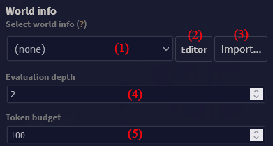 World info selection in settings, with evaluation depth and token budget input fields below